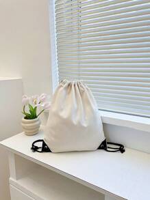 nuevo Bolsa de lona espalda con cordón manojo bolsillos compras alumno Mochila Bolso - Blanco - Ver 7