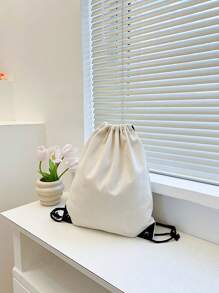 nuevo Bolsa de lona espalda con cordón manojo bolsillos compras alumno Mochila Bolso - Blanco - Ver 8