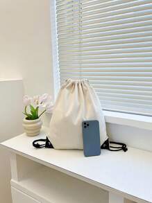 nuevo Bolsa de lona espalda con cordón manojo bolsillos compras alumno Mochila Bolso - Blanco - Ver 2