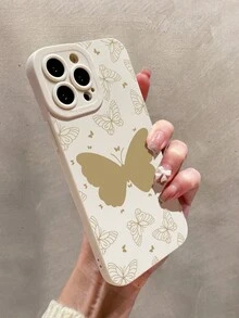 1pc Metallic Butterfly Spray Painted Silicone Phone Case With Anti-fall & Camera Lens Protection Feature, Compatible With Iphone - Gold - View 3