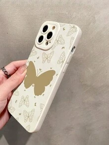 1pc Metallic Butterfly Spray Painted Silicone Phone Case With Anti-fall & Camera Lens Protection Feature, Compatible With Iphone - Gold - View 2