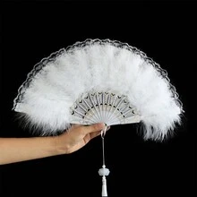 1入組白色羽毛和花邊雙面折疊扇帶吊飾,紅茶會用於萬聖節盛裝晚宴的照片道具,1920年代派對diy照片道具 - 白色 - 查看 2