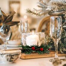 6pcs Christmas Candle Rings, Small Artificial Red Berry Wreath Candle Holder Rings, Fits 3 Inch Pillars Candle Tapers For Rustic Wedding Centerpiece Christmas Table Decoration - Green - View 6