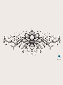 1 Pieza De Tatuaje Temporal De Gran Tamaño Para El Pecho, El Abdomen Y La Espalda Con Diseño De Flor De Loto Y Borlas - Negro - Ver 2
