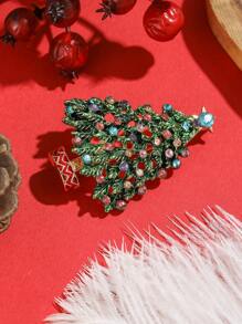 1pc Fashionable Rhinestone Christmas Tree Shaped Brooch Suitable For Christmas Wearing - Green - View 4