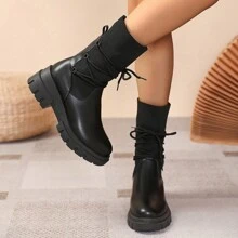 女士彈性踝靴,摩托風格,時尚修身靴子,舒適防滑 - 黑色 - 查看 5