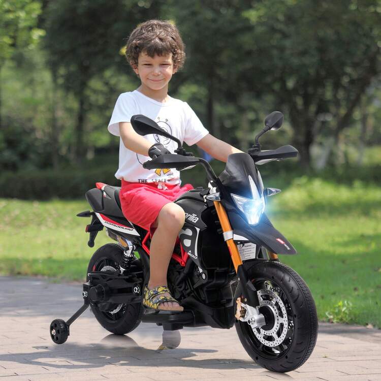 12V Kids Electric Ride On Motorcycle, Licensed Aprilia Battery Powered Dirt Bikes For Kids Motorbike W/Training Wheels, Spring Suspension, Lights, Music Story USB MP3 - 黑色 - 查看 2