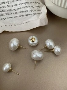 1Pair Flat Large Faux Pearl Stud Earrings High Glossy Hypoallergenic Earring Jewelry Gifts For Women Girls - White - View 5