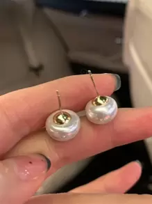 1Pair Flat Large Faux Pearl Stud Earrings High Glossy Hypoallergenic Earring Jewelry Gifts For Women Girls - White - View 3