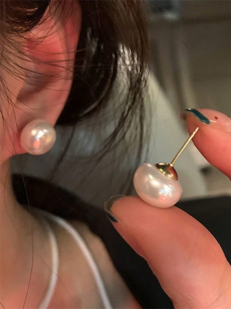 1Pair Flat Large Faux Pearl Stud Earrings High Glossy Hypoallergenic Earring Jewelry Gifts For Women Girls - White - View 2