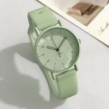 1 件女士优雅清新时尚硅胶表带石英腕表，学生礼物，节日礼物，阿拉伯数字刻度 - 綠色 - 查看 3