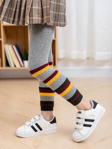 1入組女孩韓語風格拼接顏色緊身打底褲適用於 - 灰色 - 查看 5