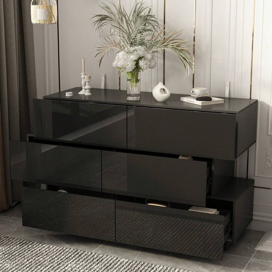 Modern Dresser Storage Chest with 6 Drawers & Stylish Shape, Wood Double Dresser Chest with Glossy Surface for Bedroom - 黑色 - 查看 1