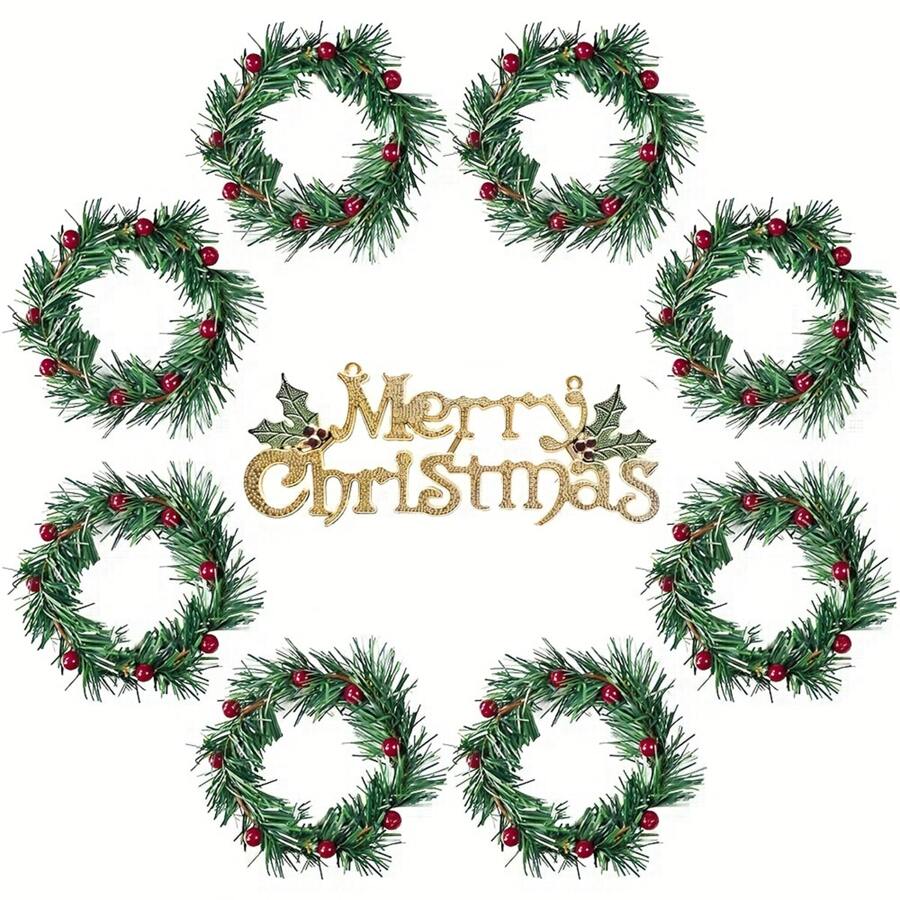 6pcs Christmas Candle Rings, Small Artificial Red Berry Wreath Candle Holder Rings, Fits 3 Inch Pillars Candle Tapers For Rustic Wedding Centerpiece Christmas Table Decoration - Green - View 1