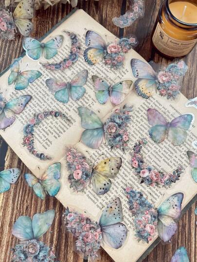 1pack/30pcs Butterfly, Moon & Floral Collage Waterproof Stickers For Diy Notebook Decoration, Scrapbooking, Photo Album Back To School School Supplies