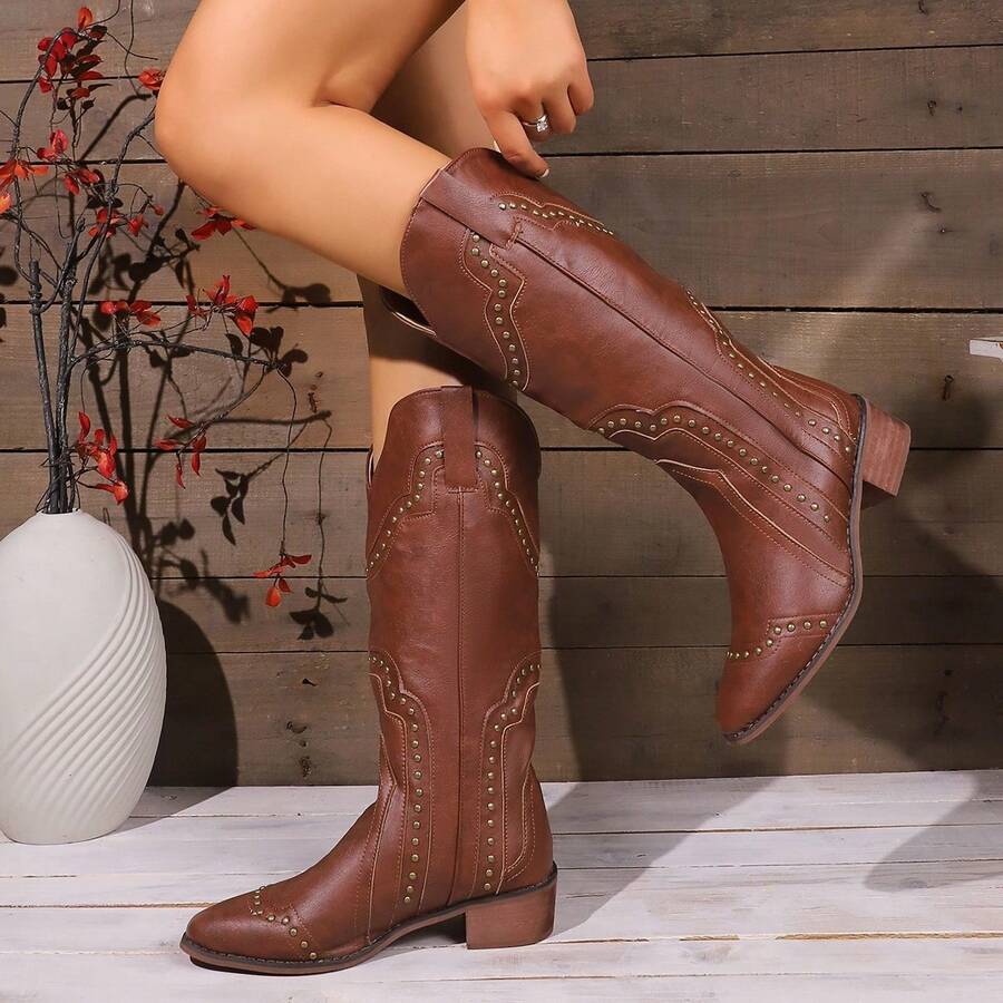 Damen Neue Vintage High-top Niete Westernstiefel, Hoher Absatz, Vielseitige Ritterstiefel, Spitze Zehen Cowboystiefel, Halbhohe Stiefel