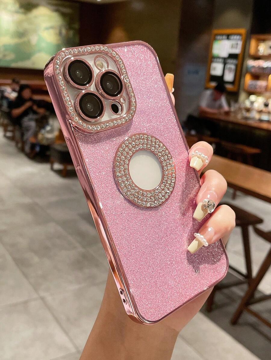 Full Cover Shiny Rose Gold Electroplated Rhinestone Studded Anti-drop Phone Case Compatible With Iphone - Rose Gold - View 1