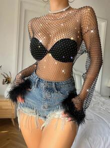 Của phụ nữ Gợi cảm Ngọc trai Giả Pha lê Lưới trong suốt Lưới Lưới Lông vũ Dài Áo thun Top Cây trồng - màu đen - Xem 5