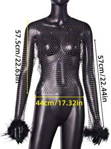 Của phụ nữ Gợi cảm Ngọc trai Giả Pha lê Lưới trong suốt Lưới Lưới Lông vũ Dài Áo thun Top Cây trồng - màu đen - Xem 4