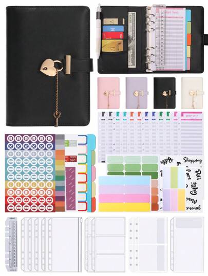 A6 PU Leather Lockable Budget Clip, Laptop Wallet Storage Device, Equipped With 38 Types Of Cash Envelopes, Budget Tables, Self-Adhesive Labels, And Stationery Items Back To School