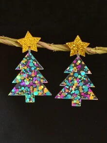 1pair Sparkling Colorful Sequin Star Christmas Tree Dangle Earrings Festival Jewelry
