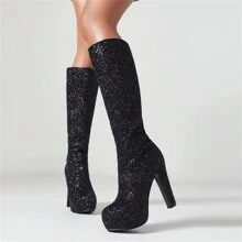 女性粗跟高筒靴帶側拉鍊,防水防水台,圓頭 - 黑色 - 查看 3