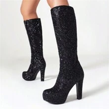 女性粗跟高筒靴帶側拉鍊,防水防水台,圓頭 - 黑色 - 查看 1