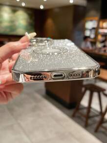 1pc Electroplated Gradient Silver Diamond-Studded Phone Case Compatible With IPhone - Silver - View 5