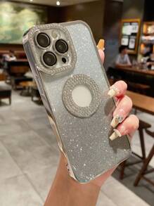 1pc Electroplated Gradient Silver Diamond-Studded Phone Case Compatible With IPhone - Silver - View 2