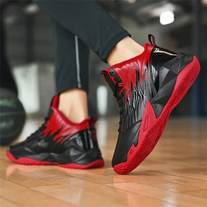 Couples Breathable Flame Pattern Flat Heel Lace-up Athletic Shoes For Women, Spring & Autumn; Color Block Pu Leather Sneakers For Men's Running, Cycling, Etc.