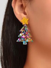 1pair Sparkling Colorful Sequin Star Christmas Tree Dangle Earrings Festival Jewelry