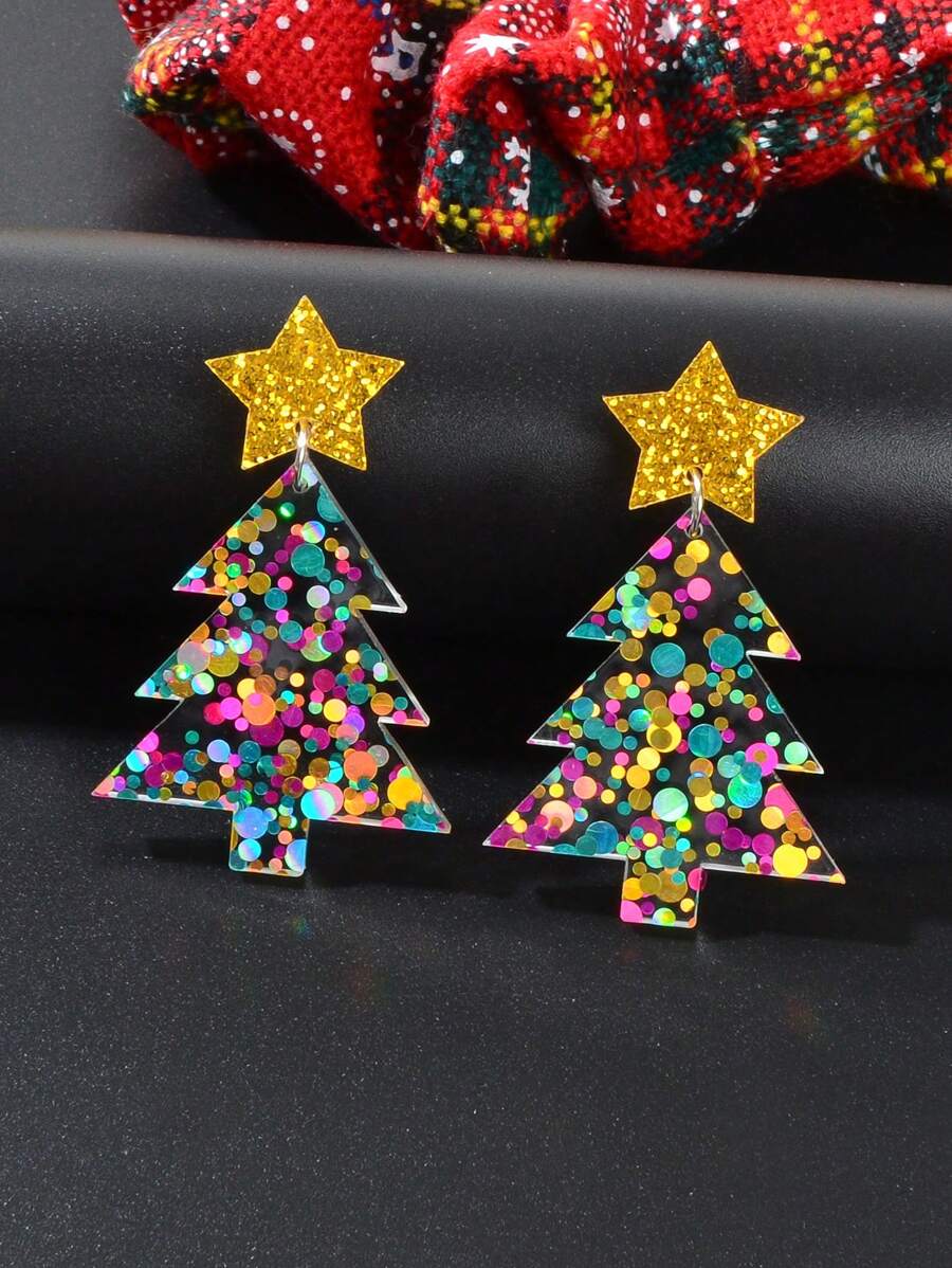 1pair Sparkling Colorful Sequin Star Christmas Tree Dangle Earrings Festival Jewelry