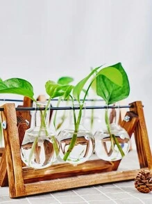 1入組桌上玻璃盆栽墊底傳播站水培植物花瓶,木質架,植物玻璃花盆,辦公室家居裝飾,房間裝飾 - 卡其色 - 查看 1