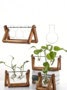 1入組桌上玻璃盆栽墊底傳播站水培植物花瓶,木質架,植物玻璃花盆,辦公室家居裝飾,房間裝飾 - 卡其色 - 查看 2