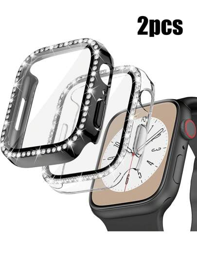 2 piezas Decoración con Rhinestone Elegante y Atractiva Compatible con Caja de Reloj de Mujer , 2 en 1 a Prueba de Golpes y Resistente a Arañazos de PC Duro con Protector de Pantalla de Vidrio Templado Ultra Delgado, Compatible con Apple Watch Series Ultra/SE/11/10/9/8/7/6/5/4/3, 38/40/41/42/44/45/46/49mm, Fácil de Usar y Sensible al Tacto