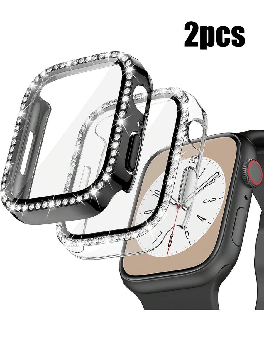 2pcs Fashionable And Attractive Rhinestone Decoration Compatible With Apple Watch Women's Watch Case, 2 In 1 Drop-Proof And Scratch-Resistant Hard Pc With Ultra-Thin Tempered Glass Screen Protector, Compatible With Apple Watch Series Ultra/Se/11/10/9/8/7/6/5/4/3, 38/40/41/42/44/45/46/49Mm, Easy To Wear And Touch Sensitive - Multicolor - View 1
