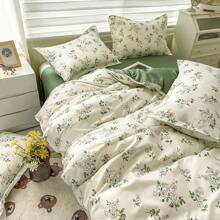 Juego de ropa de cama de 4 piezas con estilo floral campestre, 1 Edredón + 1 Sábana + 2 Fundas de Almohada, Múltiples Tamaños (Estampado Aleatorio de Funda de Almohada) - jalea de hierba - Ver 5