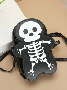 Halloween Skull Pattern Crossbody Bag, Gothic Zipper Crossbody Bag, Funny Skull Shoulder Bag, Halloween Wallet Crossbody Bag - Black - View 6