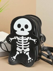 Halloween Skull Pattern Crossbody Bag, Gothic Zipper Crossbody Bag, Funny Skull Shoulder Bag, Halloween Wallet Crossbody Bag - Black - View 3