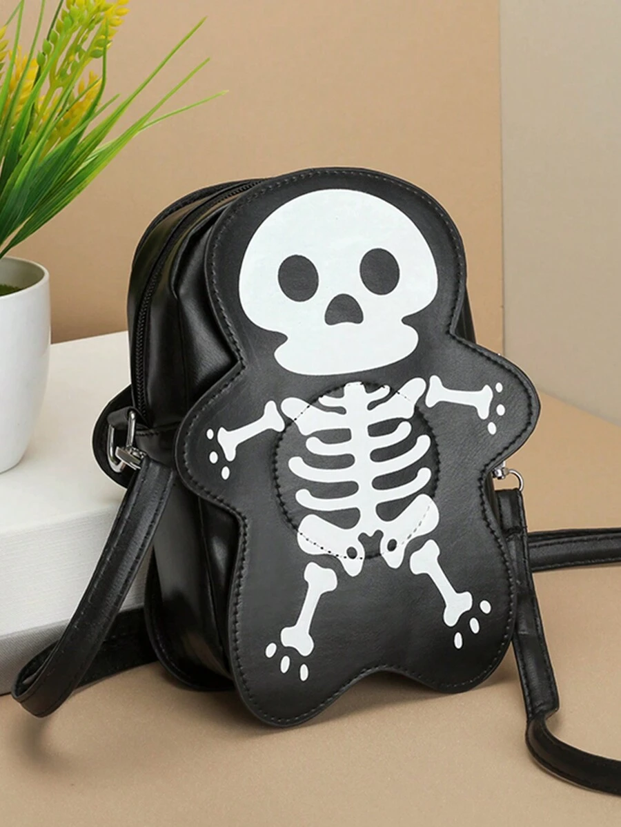 Halloween Skull Pattern Crossbody Bag, Gothic Zipper Crossbody Bag, Funny Skull Shoulder Bag, Halloween Wallet Crossbody Bag - Black - View 1