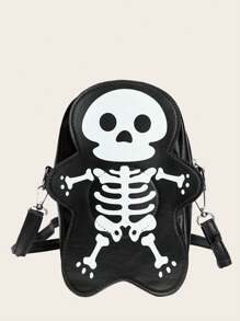 Halloween Skull Pattern Crossbody Bag, Gothic Zipper Crossbody Bag, Funny Skull Shoulder Bag, Halloween Wallet Crossbody Bag - Black - View 4