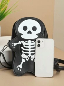 Halloween Skull Pattern Crossbody Bag, Gothic Zipper Crossbody Bag, Funny Skull Shoulder Bag, Halloween Wallet Crossbody Bag - Black - View 2