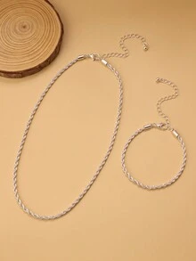 Fashionable & Simple Silver Men's Necklace And Bracelet Set - Silver - View 5