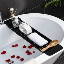 1pc Black Bathtub Tray, Expandable Plastic Bath Caddy With Drainage Holes For Shower Essentials - Black - View 1