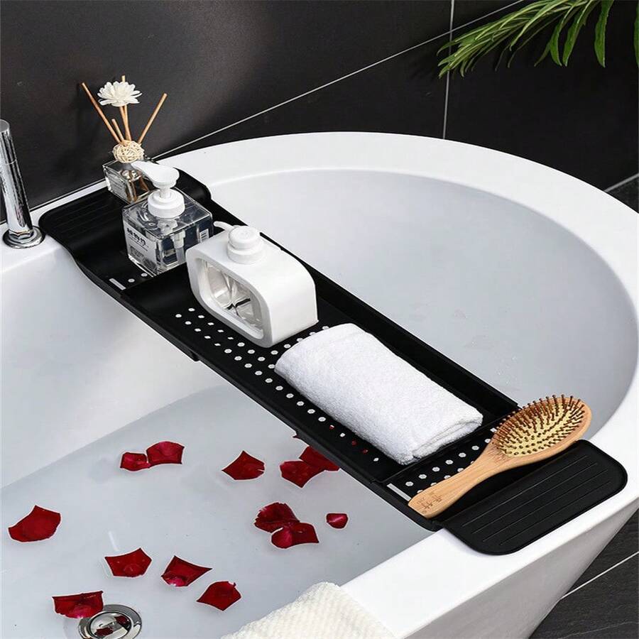 1pc Black Bathtub Tray, Expandable Plastic Bath Caddy With Drainage Holes For Shower Essentials - Black - View 1