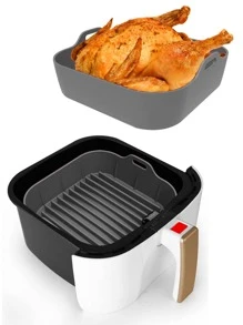 1只多功能矽膠氣炸鍋和烤盤,適用於烘烤和烤各種食物,如蛋撻、雞翅、披薩、薯條和牛排。材料製成