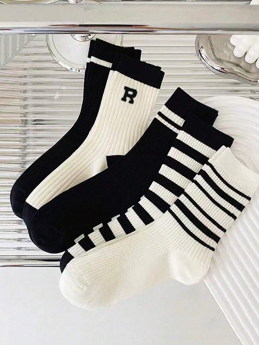 1/5 Pairs Random Letter Print Crew Socks, Fall Socks - Black and White - View 1