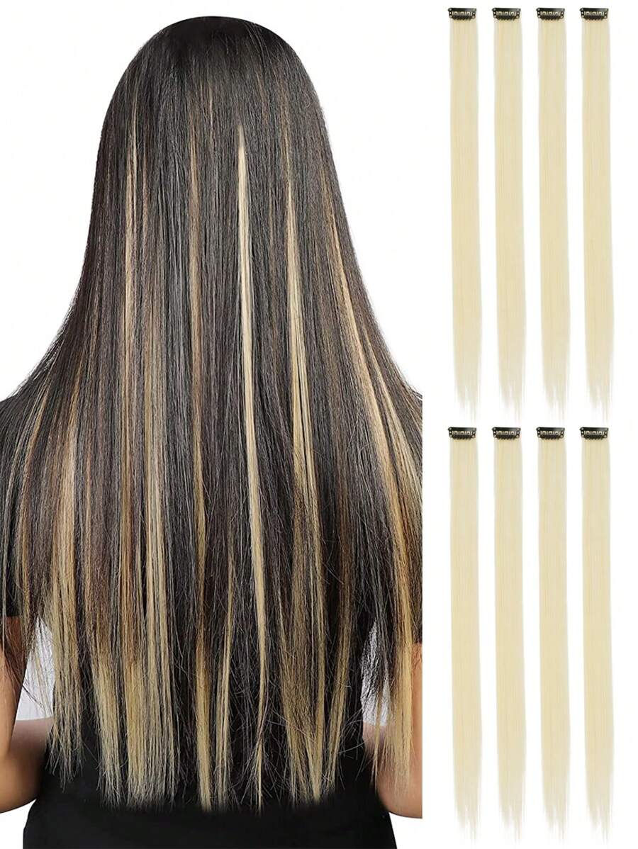 8片彩色夹式接发，20英寸直发合成假发，夹式假发片，适用于万圣节装扮、圣诞节、派对、音乐节、新年礼物，女士（米色）