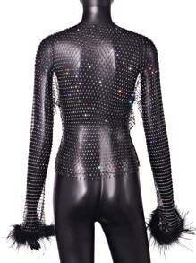 Của phụ nữ Gợi cảm Ngọc trai Giả Pha lê Lưới trong suốt Lưới Lưới Lông vũ Dài Áo thun Top Cây trồng - màu đen - Xem 9