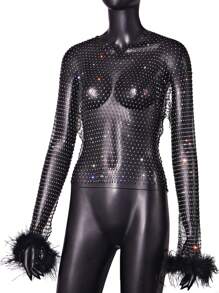 Của phụ nữ Gợi cảm Ngọc trai Giả Pha lê Lưới trong suốt Lưới Lưới Lông vũ Dài Áo thun Top Cây trồng - màu đen - Xem 8